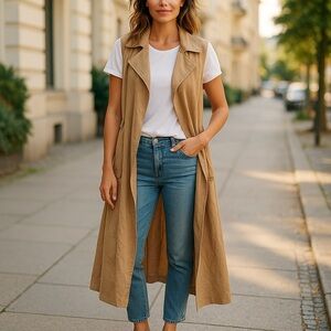 Womens PrettyLittleThing Tan Longline Sleeveless Vest Coat Size 12